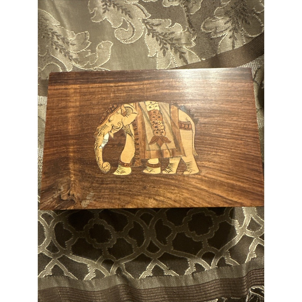Vintage African Elephant Inlay Wooden Box 5x4 Folk‎ Art storage decor